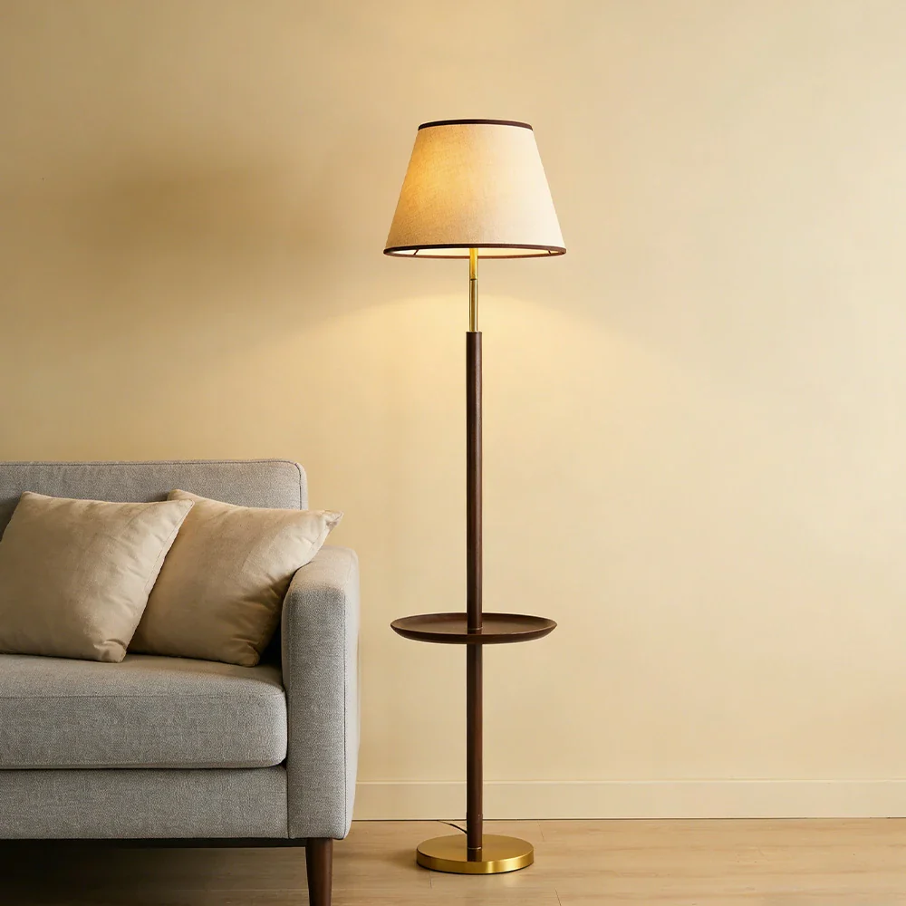 LIVARA Floor Lamp Three-Mode Lighting Beech Wood Tabletop Handwoven Fabric Shade Tip-Resistant Base - Image 4