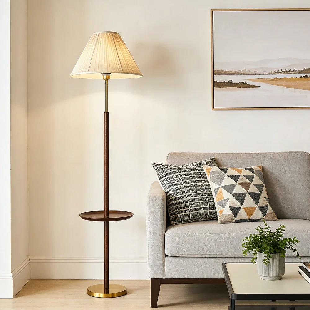 LIVARA Floor Lamp with Three Lighting Modes Beech Wood Top Handwoven Fabric Shade Stable Design - Image 4