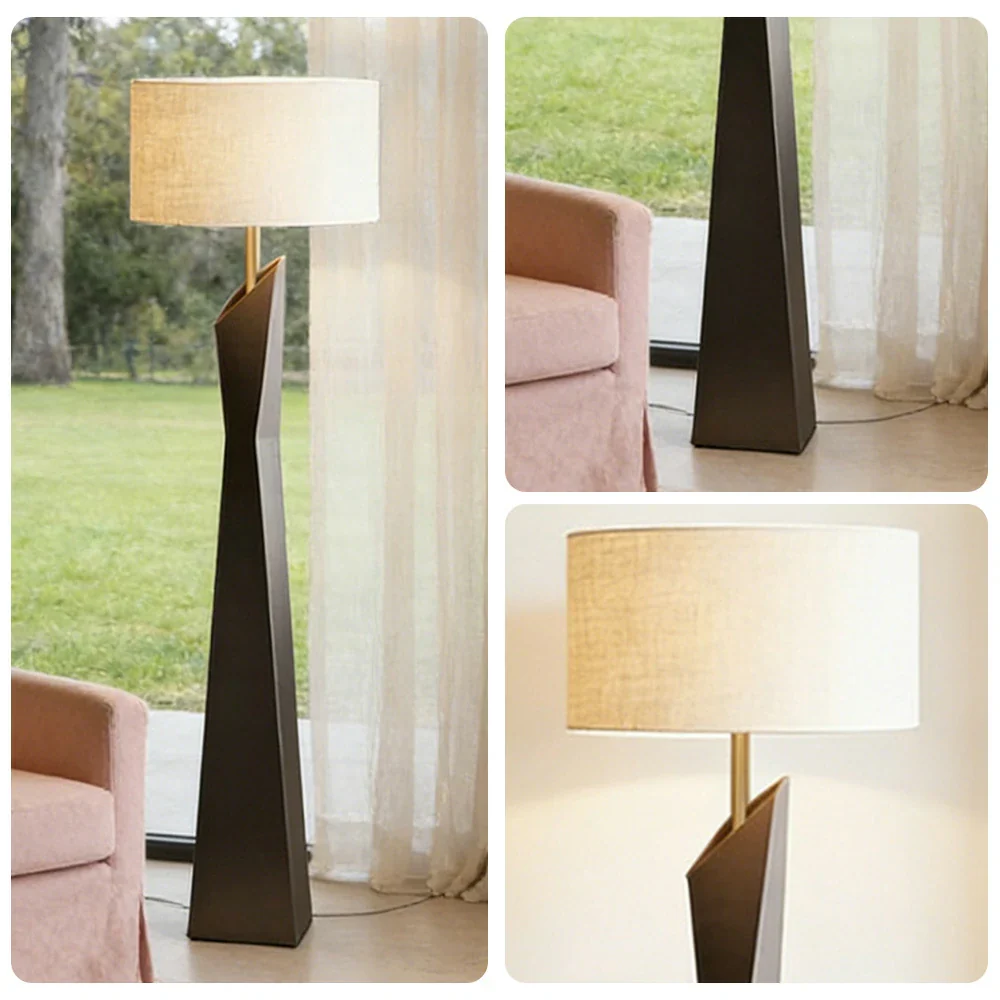 LIVARA Modern Floor Lamp Soft Ambient Light Cylindrical Linen Shade Resin Frame Elegant Style - Black - Image 3