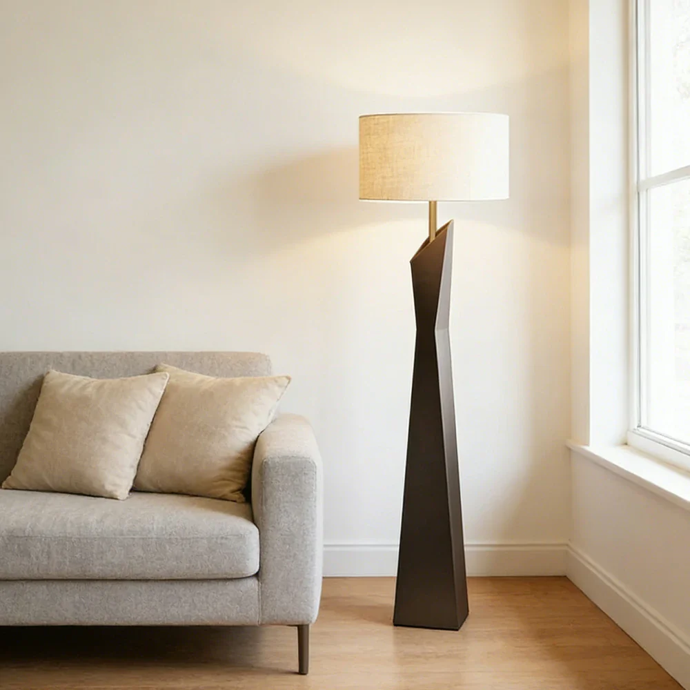 LIVARA Modern Floor Lamp Soft Ambient Light Cylindrical Linen Shade Resin Frame Elegant Style - Black - Image 4