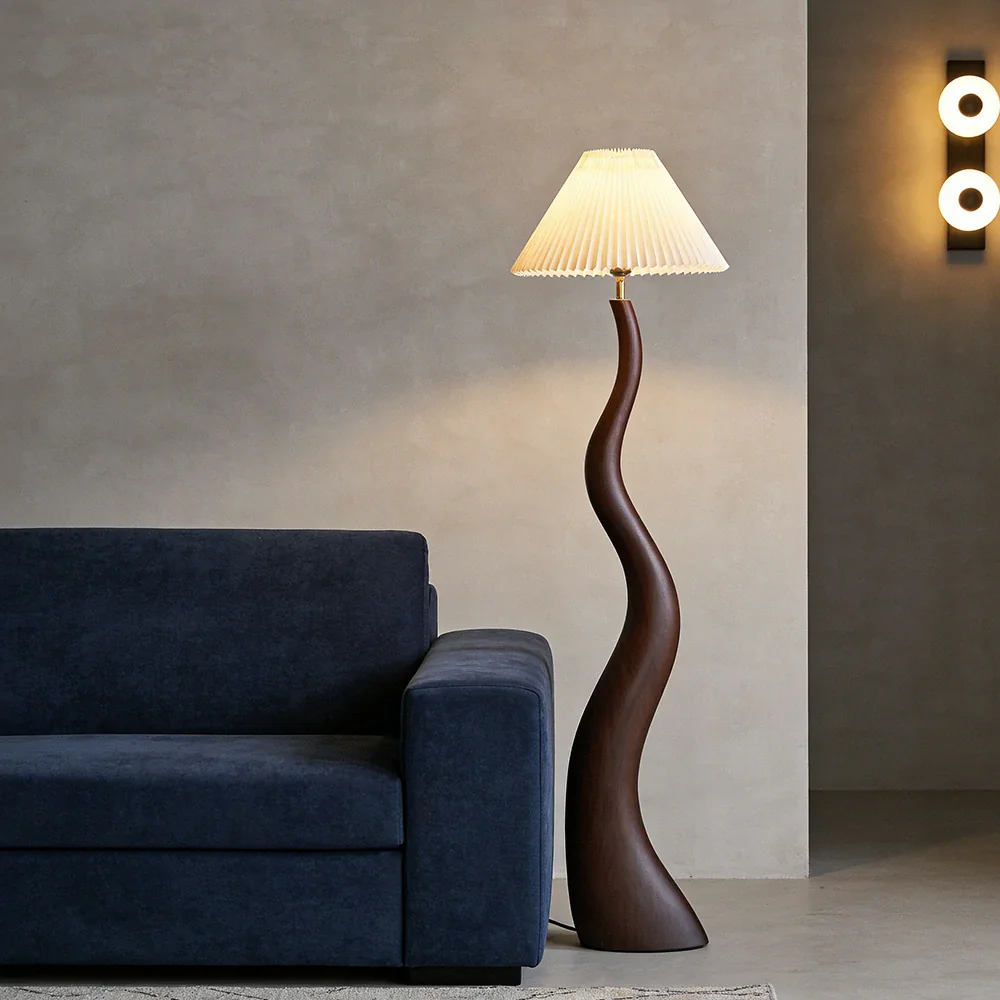 LIVARA Floor Lamp Adjustable Shade Soft Lighting Fabric & Resin Build Pleated Design - Walnut - Image 4